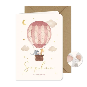 Geboortekaartje roze dieren luchtballon vintage sterren